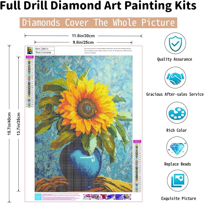 PINFFSHU 5D Diamond Art Kits for Adults Beginners, Full Drill Sunflower in Blue Vase Diamond Painting Kits DIY Gem Art Craft, Home Wall Decor, Unique Gift for Women, 12x16 Inch (30x40cm)
