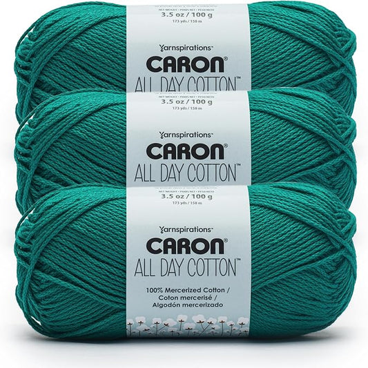 Caron All Day Cotton Yarn for Crocheting, Bermuda Teal, 3-Pack | #4 Worsted Yarn, 100% Mercerized Cotton, Soft Crochet Yarn for Knitting, Amigurumi & Crafts, 173yds, 100g/3.5oz per skein
