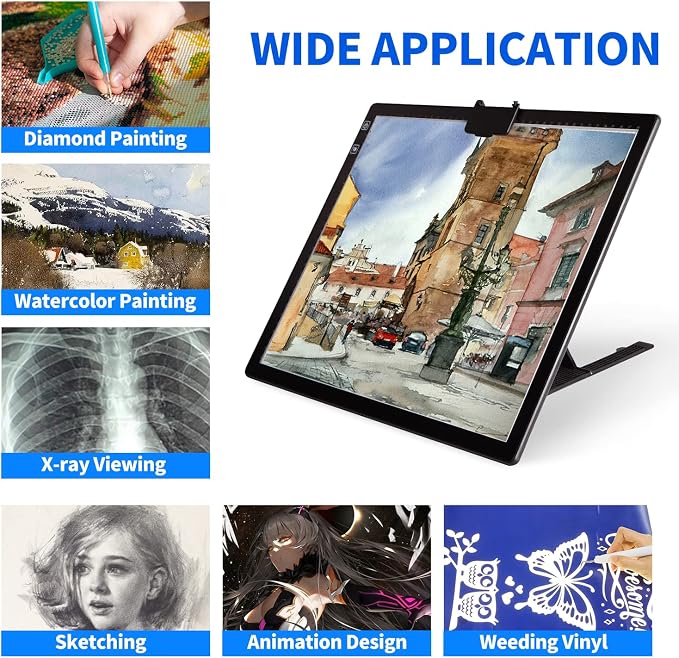 YINGWOND Wireless Rechargeable A3 LED Light Pad w/Built-in Foldable Stand, 3 Color Tone, 6 Levels of Brightness, Battery Powered Evenly Illuminated Light Box for Tracing Drawing and Diamond Painting