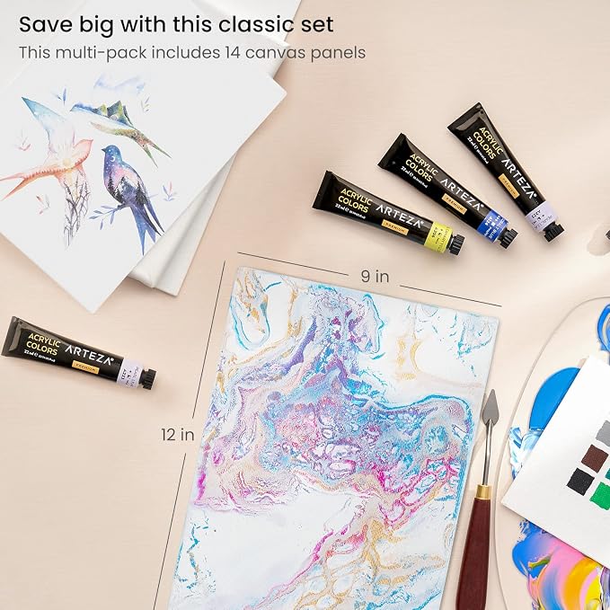 ARTEZA Canvas Boards for Painting, 9 x 12 Inches, Pack of 14, Blank White Canvas Panels for Acrylic, Oil and Gouache Painting