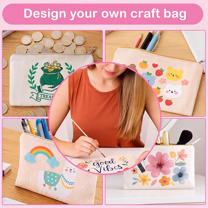 meekoo 16 Pcs Blank Canvas Zipper Pouch Makeup Bag,L;Beige