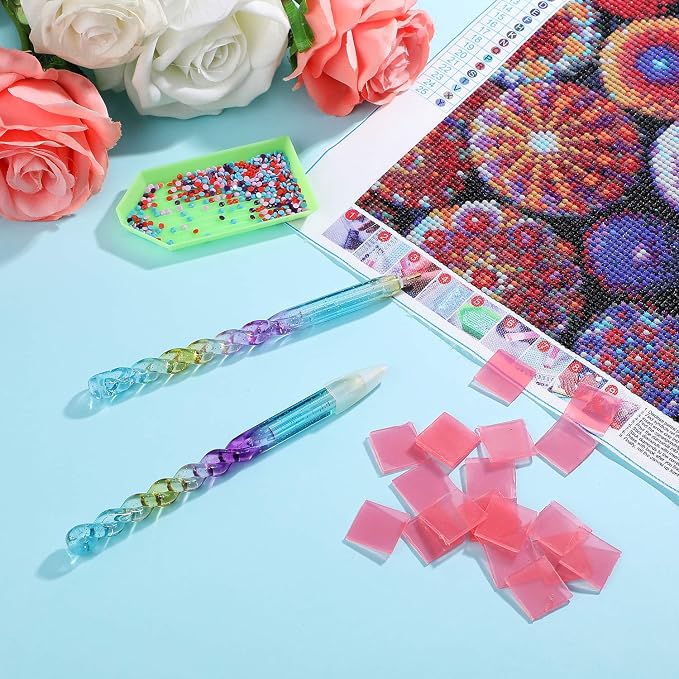 WILLBOND 50 Pieces Diamond Painting Wax Pads with 2 Pieces Diamond Painting Drill Pen for Valentines DIY Art Embroidery Crossing Stitch Tool Supplies