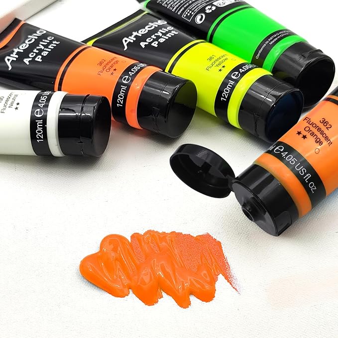 Artecho Fluorescent Orange Acrylic Paint 120ml /4.05oz Tube | Semi Glossy Finish, High Pigment Rich Color Craft Paint for Canvas, Fabric, Non-Toxic