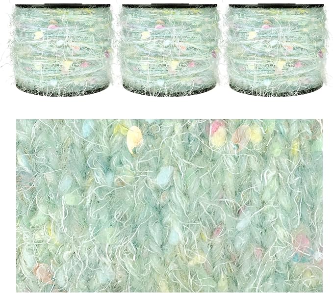 Sparkle Yarn, Acrylic Yarns for Knitting Crocheting Crafts DIY, Glitter Sequins Yarn,Set of 3 Rolls (Light Green)