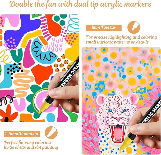 nauets 12 Colors Precision Dual Tip Acrylic Paint Markers Pens - Dot & Fine | Works on Rock, Wood, Fabric, Canvas, Glass, Scrapbook, Paper, Ceramic, Egg, DIY Craft Art Gift - Classroom & School Supplies