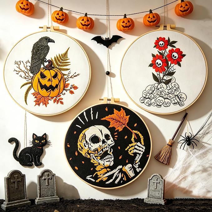 Gothic Halloween Embroidery Starter Kit for Beginners Adults, Stamped Cross Stitch Kit Needlepoint Kit for Beginner Adult, 3 Embroidery Hoop 3 Set Embroidery Supplies (Attached Teaching Video QR Code)