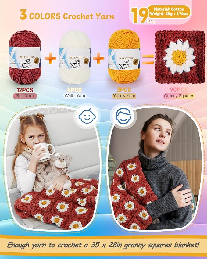 Coopay Crochet Kit for Beginners, Granny Square Crochet Blanket Kit, Red | Crochet Kit W/Video Tutorial & Digital Instructions, All Accessories Included, Easy Knitting to Create Granny Square Blanket