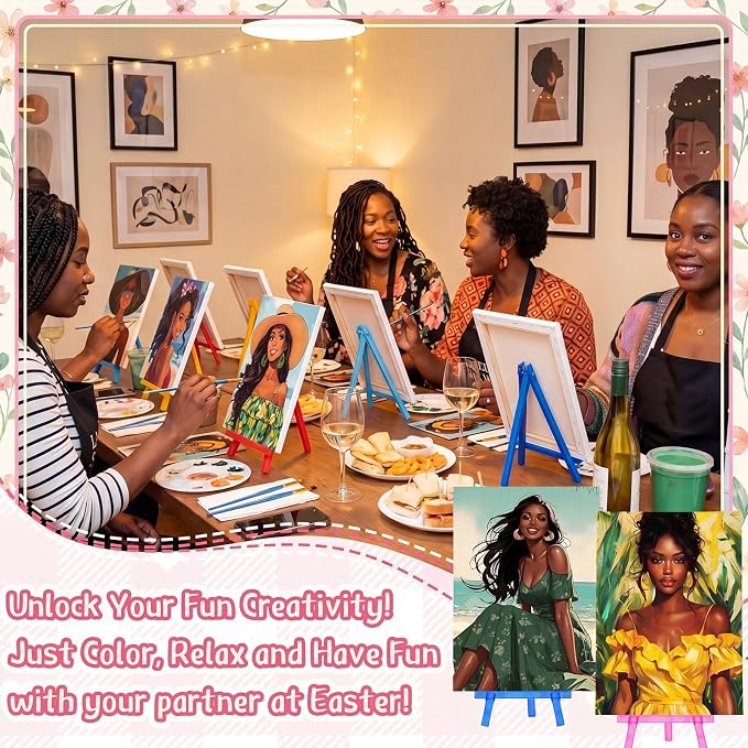 Blosssound 24 Pack Paint and Sip Kit African American Women Pre Drawn Canvas 5x7'' Afro Pre Printed Canvas Painting Kits with Easel Paint Pots Brushes Stretched Panels Gift Bulk for Party Birthday DIY