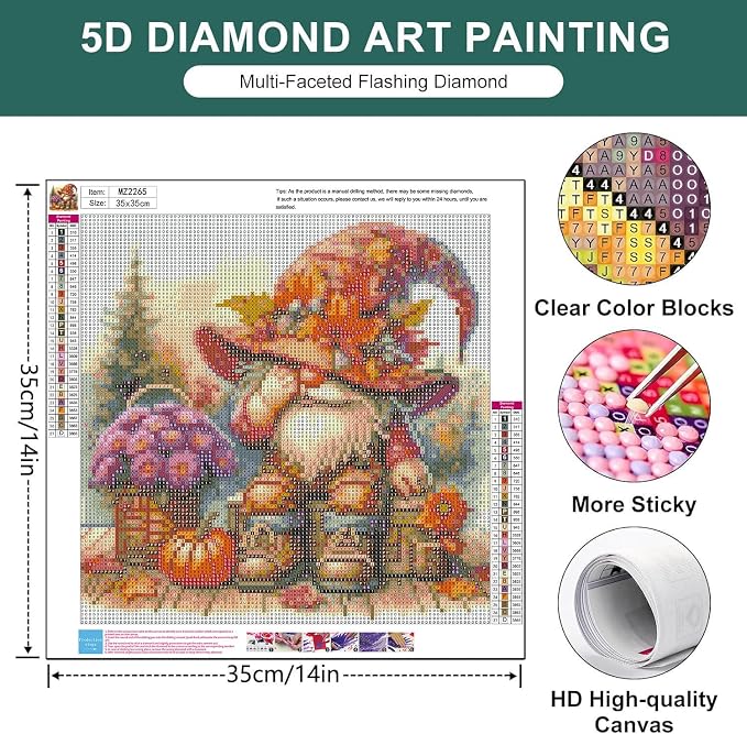 mrpwnle Fall Diamond Art Kits for Adults, Gnome Diamond Painting Kits | Fall Gnomes Diamond Art Painting Kits for Adults Beginners, 5D Round Full Drill Crafts Kit for Home Wall Decor 13.8x13.8 inch