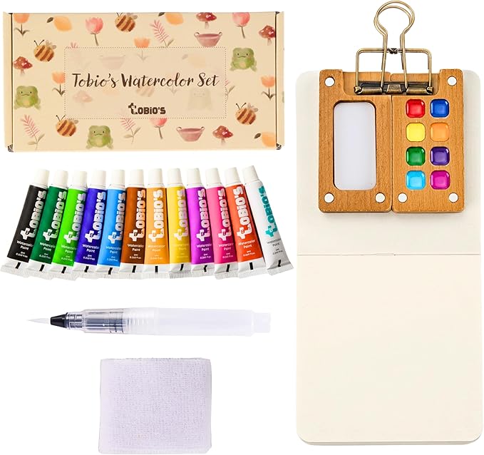 Tobios Watercolor Paint Set – Mini Travel Kit with 12 Colors & Water Brush | Includes refillable water brush, wooden palette & sketchbook; portable painting set for beginners, journaling & gifts