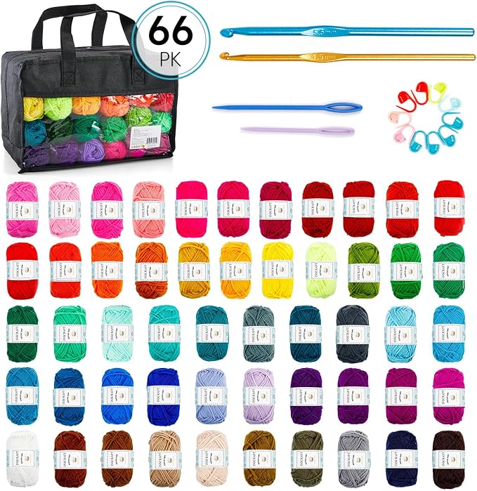 Inscraft 52 Acrylic Yarn Skeins, 1820 Yards 52 Colors, 2 Crochet Hooks, 2 Weaving Needles, 10 Stitch Markers, 1 Bag, for Crocheting & Knitting, Gift Beginners and Adults