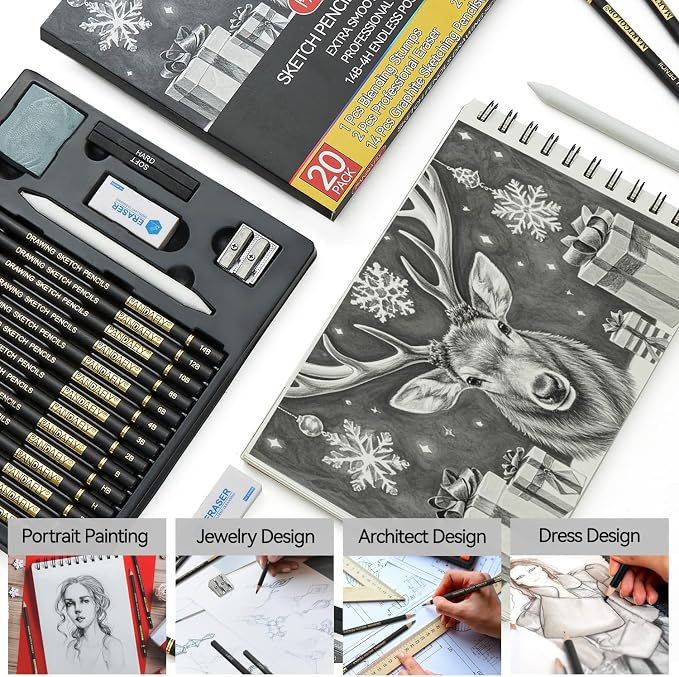 PANDAFLY Drawing Sketching Pencil Set, 20 Piece, 4H-14B Graphite Pencils | Pro Art Pencil Kit with Charcoal Sticks, Erasers, Sharpener, Blending Stump, Artist Pencils For Beginners & Pro Artists