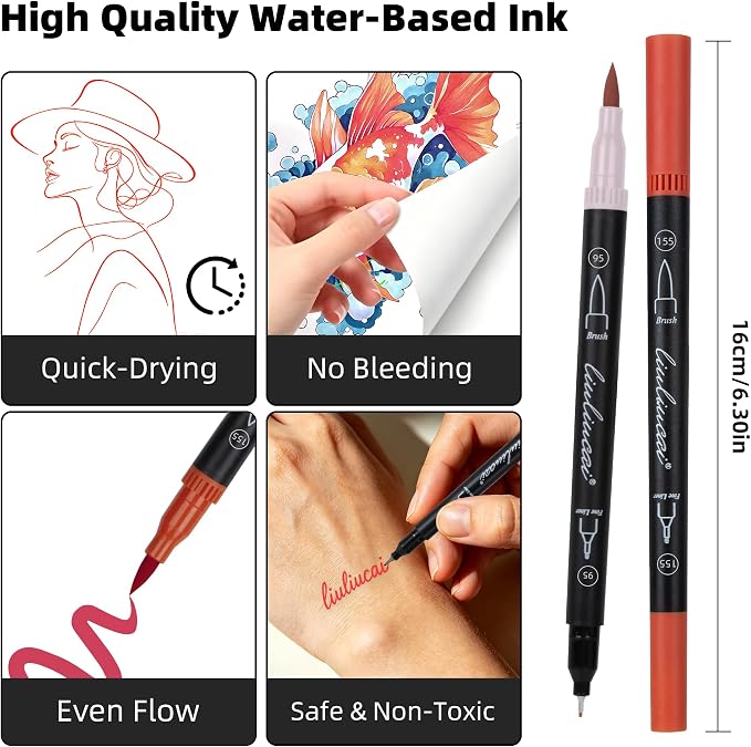 LIULIUCAI 10 Red Dual Markers, Fine & Brush Tip Pen for Adult Coloring