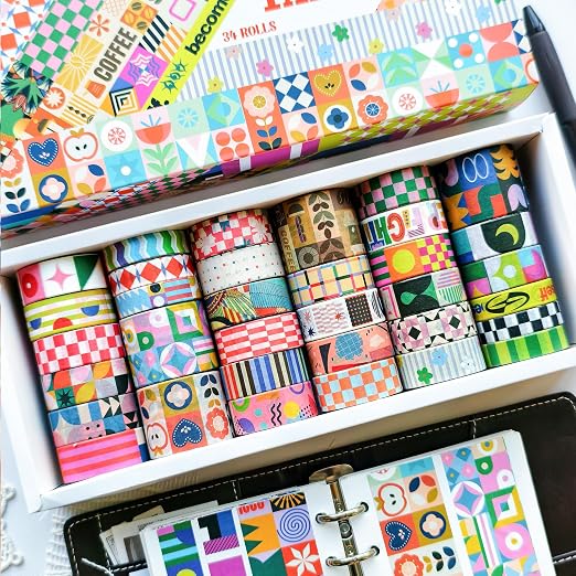 34 Rolls Geometric Washi Tape Set, Aesthetic Decorative Tape for Scrapbooking, Journaling, Bullet Journals, DIY Crafts and Gift Wrapping