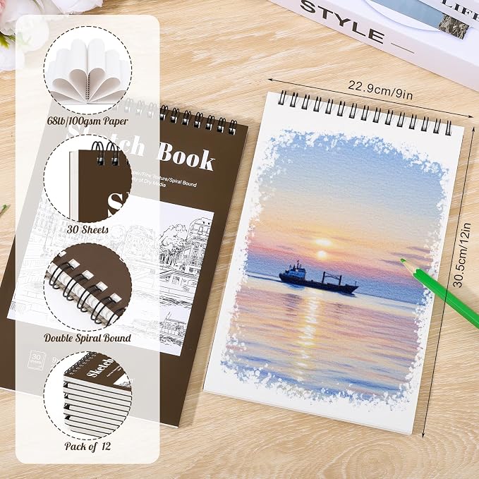 12 Pack Sketch Book 9 × 12 in, Top Spiral, 30 Sheets Each, Tan | 100gsm Acid-Free Paper, Hardcover Backboard, Lay-Flat Top Spiral, for Sketching, Drawing And Dry Media