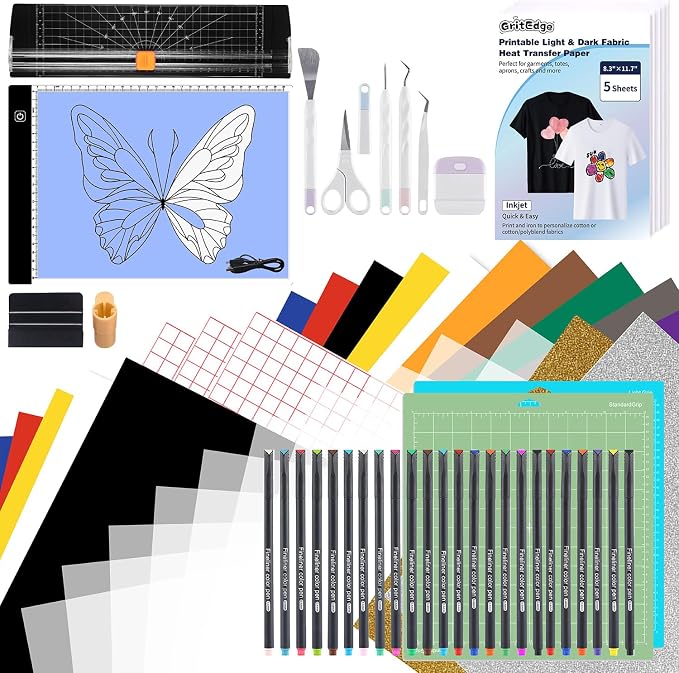All-in-One Cutting Machine Accessories Bundle — Compatible with Most Cutting Machines, HTV & Permanent Vinyl, Weeding Kit, LED Light Pad, Paper Cutter