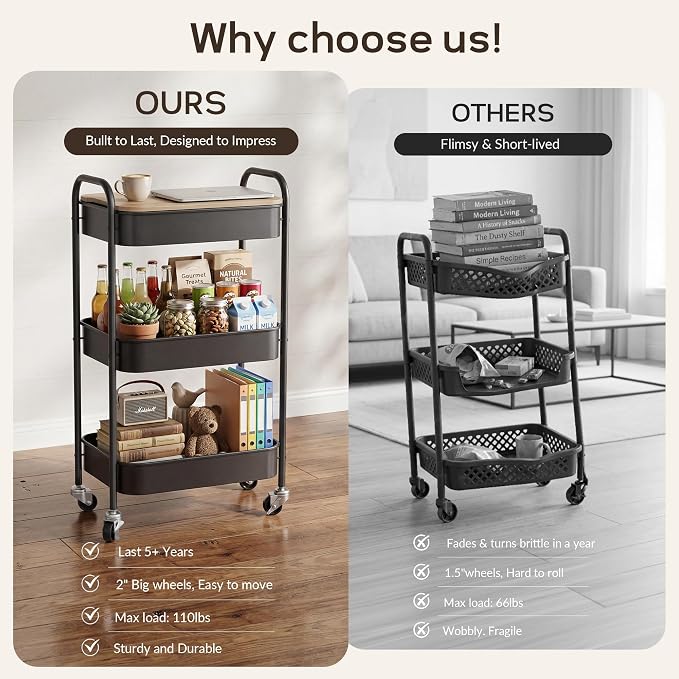 DTK 3 Tier Rolling Cart with Wheels, Heavy Duty Metal Utility Cart, Mobile Storage Organizer with Lockable Casters, Multi-Purpose Rolling Cart for Nursery, Bathroom, Kitchen, Office, Classroom