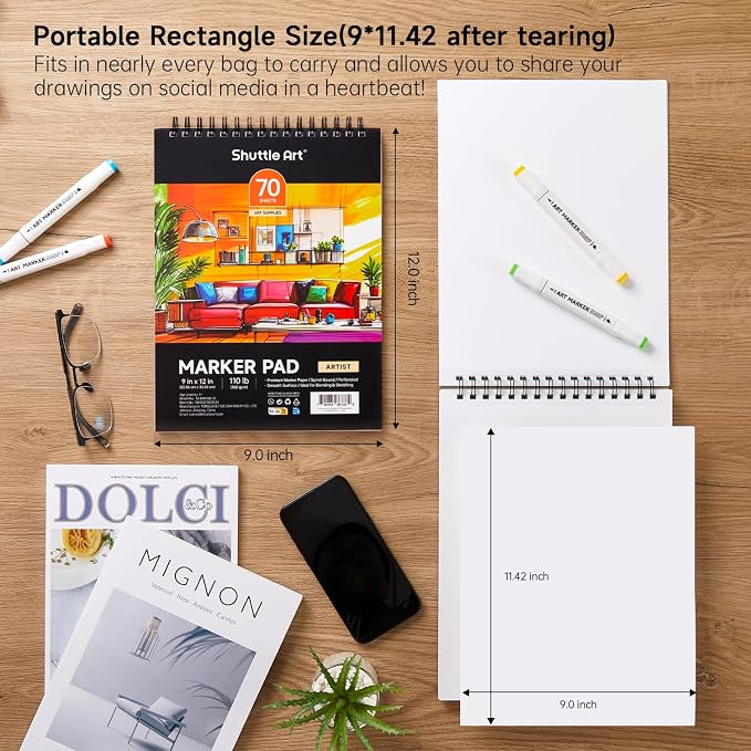 Shuttle Art Marker Pad, 70 Sheets, Spiral-Bound, 12”x9”, 110LB/180GSM Paper | Portable Sketchbook, Smooth Surface, Alcohol Markers Bleedproof Art Paper Great for Artists to Draw, Paint & Sketch