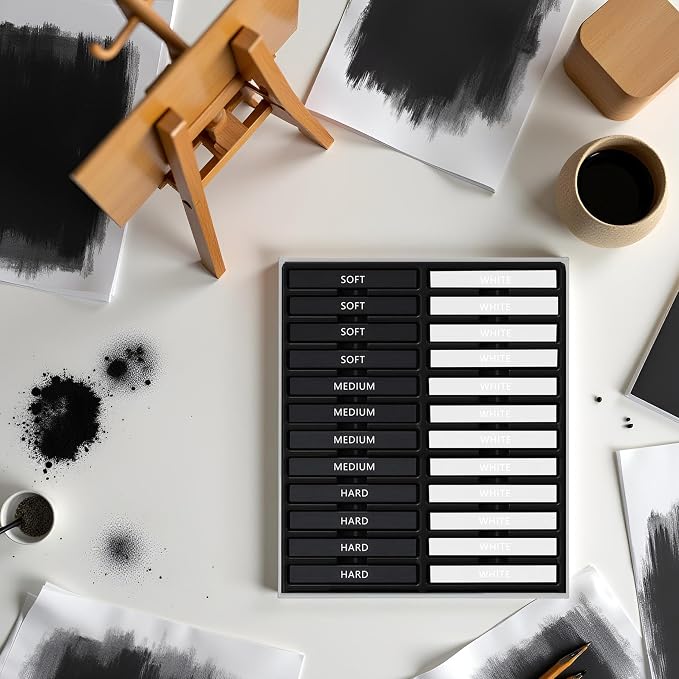 24 Pcs Compressed Charcoal Sticks with Soft, Medium, Hard and White Charcoal, Square Charcoal Stick Kit for Drawing, Sketching and Shading (12 Black and 12 White)
