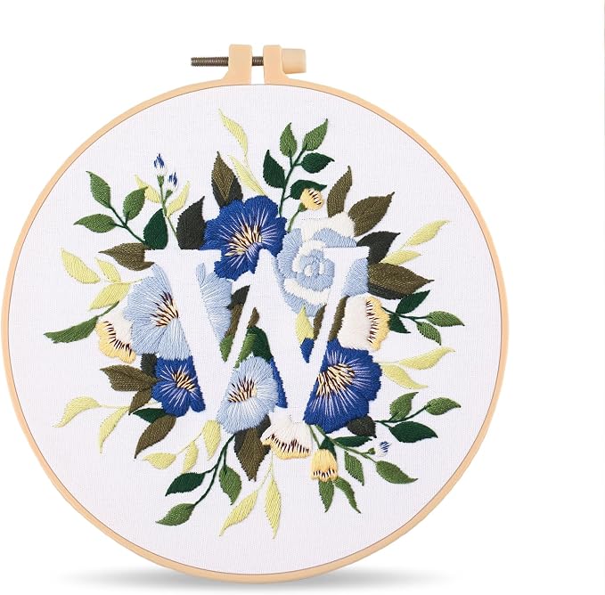 Harimau Letter Pattern W Embroidery Kit for Adult Beginners, Complete Starter Pack with 1 Hoop, Needles, Instruction Guide & Embroidery Stitch Video Tutorials