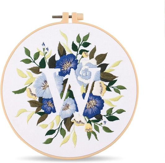 Harimau Letter Pattern W Embroidery Kit for Adult Beginners, Complete Starter Pack with 1 Hoop, Needles, Instruction Guide & Embroidery Stitch Video Tutorials
