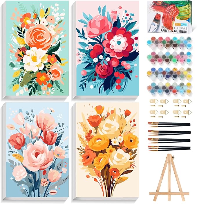 4 Pack Framed Paint by Numbers Kit for Adults with Wooden Easel, 8x12 Inch | Easy Flowers, DIY Acrylic Canvas Craft Kit with Frame for Beginners, Home Decor, Stress Relief Relaxing Hobby Gift