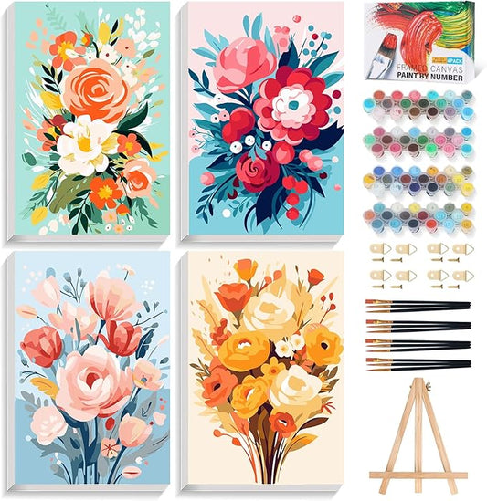 4 Pack Framed Paint by Numbers Kit for Adults with Wooden Easel, 8x12 Inch | Easy Flowers, DIY Acrylic Canvas Craft Kit with Frame for Beginners, Home Decor, Stress Relief Relaxing Hobby Gift
