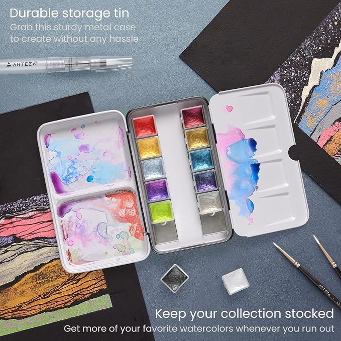 ARTEZA Watercolor Paint Set, 12 Metallic Watercolor Paints, Glitter Watercolor Paint in Half Pans, Travel Watercolor Set | Water Brush Included, Refillable Pans, Mica Shimmer, For Watercolor Paper, Sketchbooks, Journaling and Mixed Media