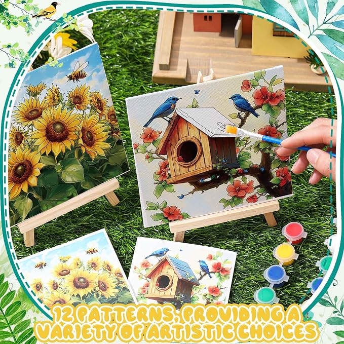 Tenceur 12 Sets Pre Drawn Canvas to Paint Adult Stretched Coloring Painting Canvas Panels with Design Easel and Brushes for Party Supplies Beginner Favor(Garden)