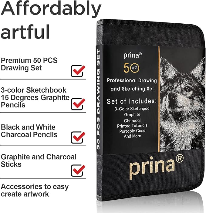 Prina 50 Pack Drawing Set Sketch Kit, Sketching Supplies with 3-Color Sketchbook, Graphite, and Charcoal Pencils, Pro Art Drawing Kit for Artists Adults Teens Beginner Kid, Ideal for Shading, Blending