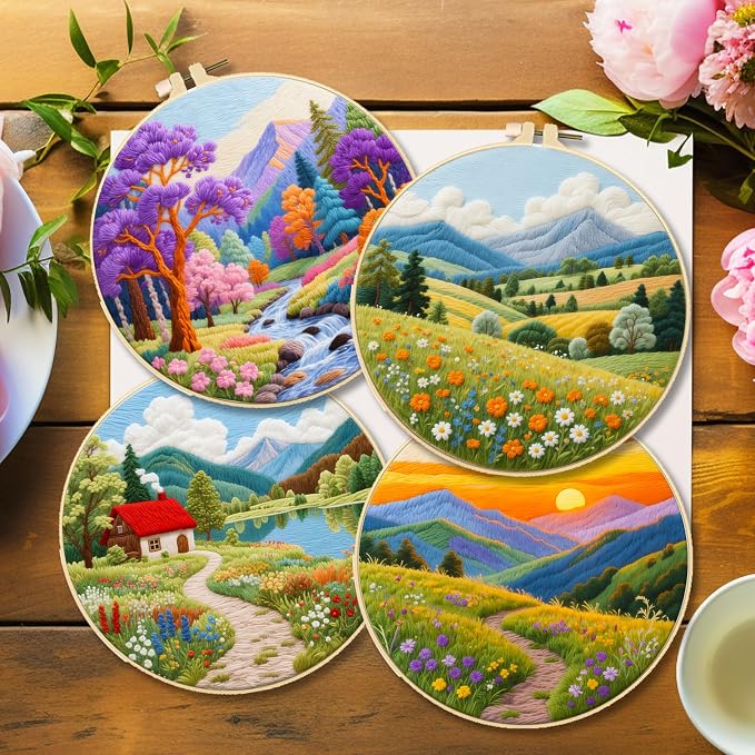 BEUNITONE 4 Set Fairy Tale Landscape Embroidery Kit for Beginners 7.9"x7.9" Pre-Stamped Pattern Needlepoint Kits with Hoop, Tools & Instruction, Handamde Embroidery Kits for Fabric and Home Decor