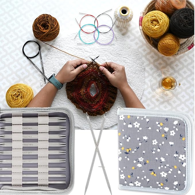Svartur Lace Interchangeable Circular Knitting Needles, 5" Stainless Steel Interchangeable Knitting Needles Magic Loop for Socks, Gloves, US 0-8 Small Knitting Neeldes Lace-Tip with 4 Assorted Cables