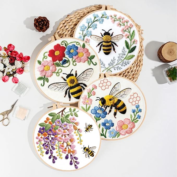 ORIGACH 6 Pack Bees & Flowers Embroidery Kits for Beginners, DIY Starter Hand Embroidery Kit with Floral & Bees Patterns and Instructions for Adults Women Crafting