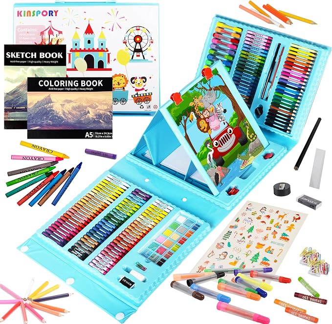 KINSPORY Art Set for Kids, 290 Pack Double-Side Easel Drawing Kits (Blue)