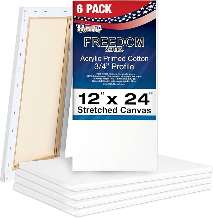 U.S. Art Supply 12"x24" Stretched Canvas for Painting, 3/4" Profile, 6-Pack