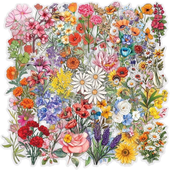 60 Pcs Natural Flower Stickers for Scrapbooking, Transparent PET Self-Adhesive Scrapbooking Stickers Waterproof Stickers for Teens Adults Collectors, DIY Lovers (Colourful-F9)