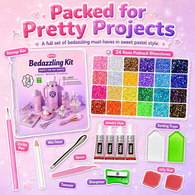 Redtwo 40000Pcs Resin Jelly Rhinestones for Bedazzling Kit | 24 Colors, 3mm Multicolor Flatback Rhinestones, 4Pcs Glue and Tools, Bedazzler Kit for Clothes, Books, Shoes, Nail & Crafting