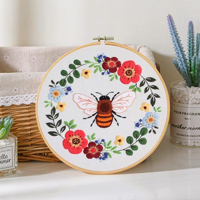 Santune 3 Pack Bee Embroidery Kit for Beginners Adult Cross Stitch Kits Hand Embroidery with Animal Patterns and Instructions,DIY Sets for Women with Hoop,Threads and Needles