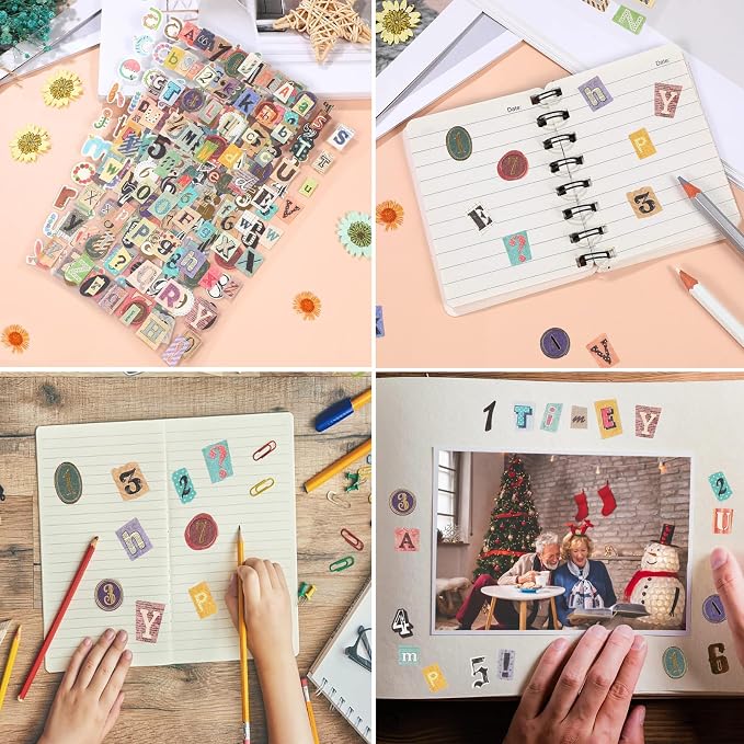 347PCS Vintage Stickers, 6 Sheet Scrapbook Stickers Graffiti, Cute Vintage Letters Numbers Self Adhesive Decals Scrapbooking Supplies for Diary DIY Art Album Paper Crafts (347PCS)