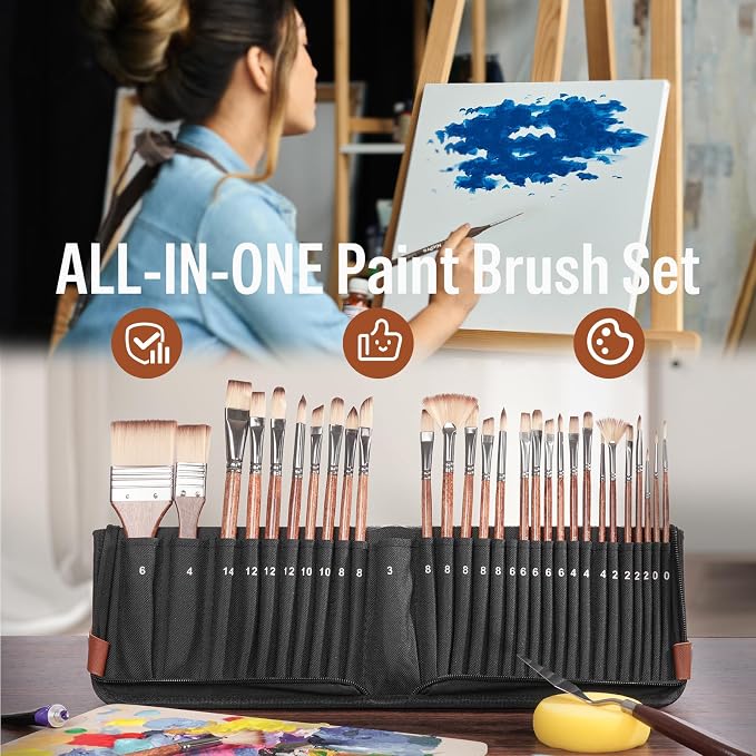 Nicpro 30 PCS Paint Brush Set, Professional Acrylic & Oil Paint Brushes | No Shedding Synthetic Bristles, Works for Acrylic, Oil, Watercolor, Gouache, Includes Self-Standing Case & Palette Knife