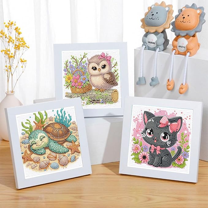 ajepon 6 Pack Animal Diamond Art Kits for Kids, Cute Animals Diamond Art for Kids Ages 8-12, Cat Dog Turtle Sloth Giraffe Owl Diamond Painting Kits for Kid for Gift Home Wall Decor (6x6inch)