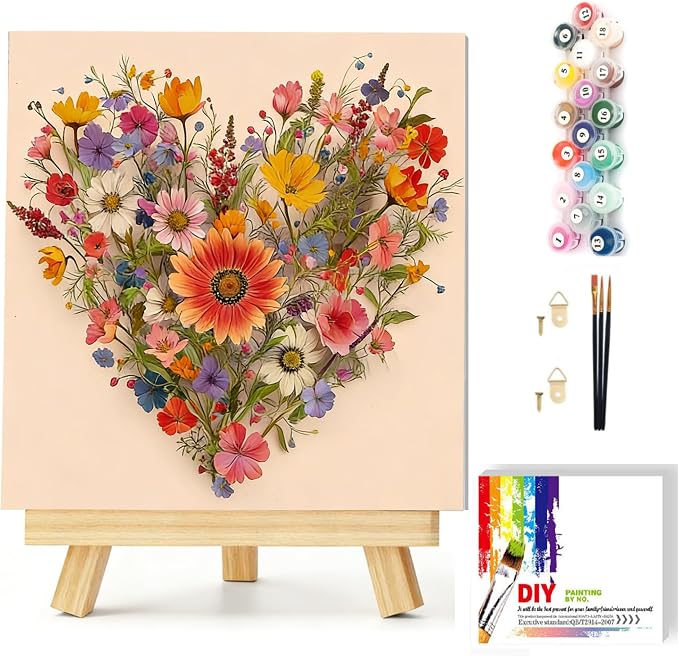 Gemozaic Flowers Paint by Numbers Kit for Adults with Frame and Easel, Heart Shaped Flowers Framed Adults' Paint by Number Kits for Mother's Day Gift,Home, Wall Decor, 8x8 Inch