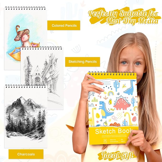 8.5 × 11 Sketch Book for Kids, 50 Sheets, Spiral Acid-Free Drawing Pad | 68lb/100gsm Paper, Perforated Pages, 360° Spiral Binding, Hard Back Cover, for Pencil, Charcoal, Pastel & Crayon
