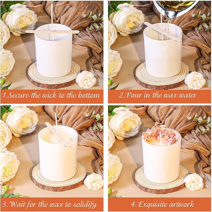 CONNOO 12 Pack 10 OZ White Glass Candle Jars with Bamboo Lids | For Making Candles, Airtight, Sticky Warning Labels, Empty Container Bulk, Dishwasher Safe