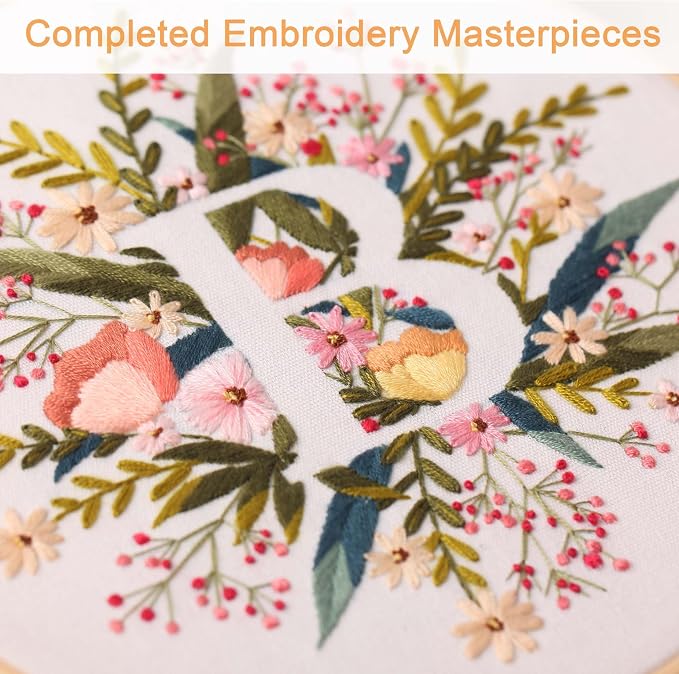 Harimau Letter B Pattern Embroidery Kit for Adult Beginners, Complete Starter Pack with 1 Hoop, Needles, Instruction Guide & Embroidery Stitch Video Tutorials