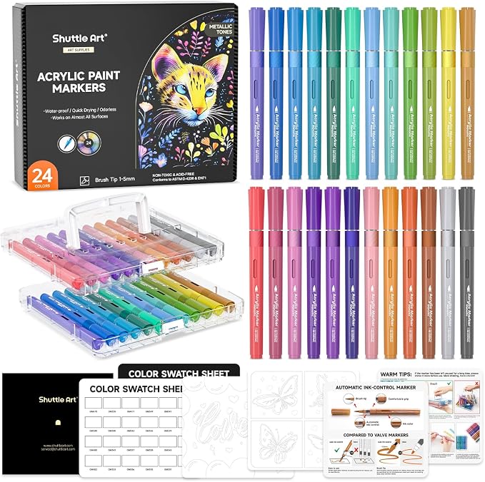 Shuttle Art Automatic Ink Control Acrylic Paint Markers, 24 Metallic Colors Brush Tip Acrylic Paint Pens for Rock Painting, Ceramic, Wood, Canvas, Glass, Stone, Fabric, Card, DIY Football Crafts