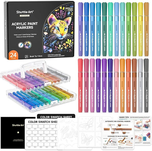 Shuttle Art Automatic Ink Control Acrylic Paint Markers, 24 Metallic Colors Brush Tip Acrylic Paint Pens for Rock Painting, Ceramic, Wood, Canvas, Glass, Stone, Fabric, Card, DIY Football Crafts