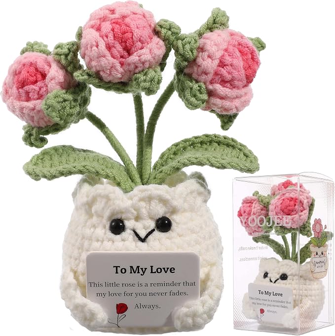 Crochet Rose Gift for Her – Handmade Pink Rose Flower Pot “to My Love”, Romantic Gift for Girlfriend, Wife, Anniversary Birthday Gift Romantic Valentines I Love You for Wife Husband Couples