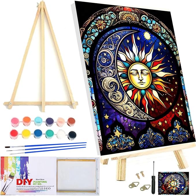 Meothan Framed Paint by Numbers Kits for Adults 12x16in with Wooden Easel | Adult Paint by Number on Canvas, DIY Sun Moon Acrylic Oil Painting Kits with Brushes for Home Wall Decor (30x40cm)