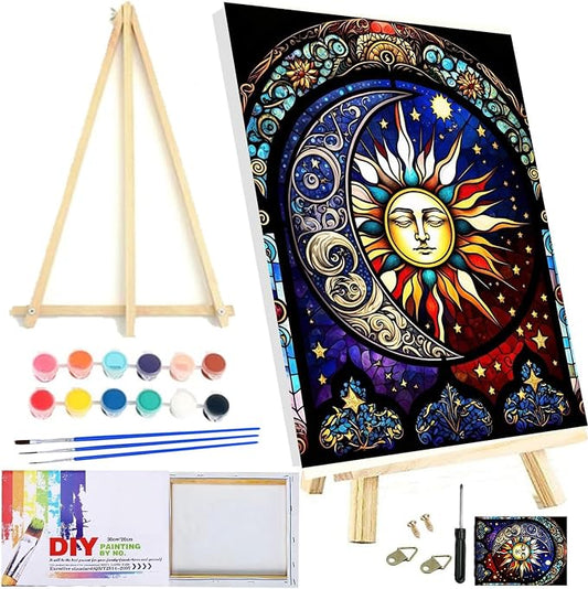 Meothan Framed Paint by Numbers Kits for Adults 12x16in with Wooden Easel | Adult Paint by Number on Canvas, DIY Sun Moon Acrylic Oil Painting Kits with Brushes for Home Wall Decor (30x40cm)